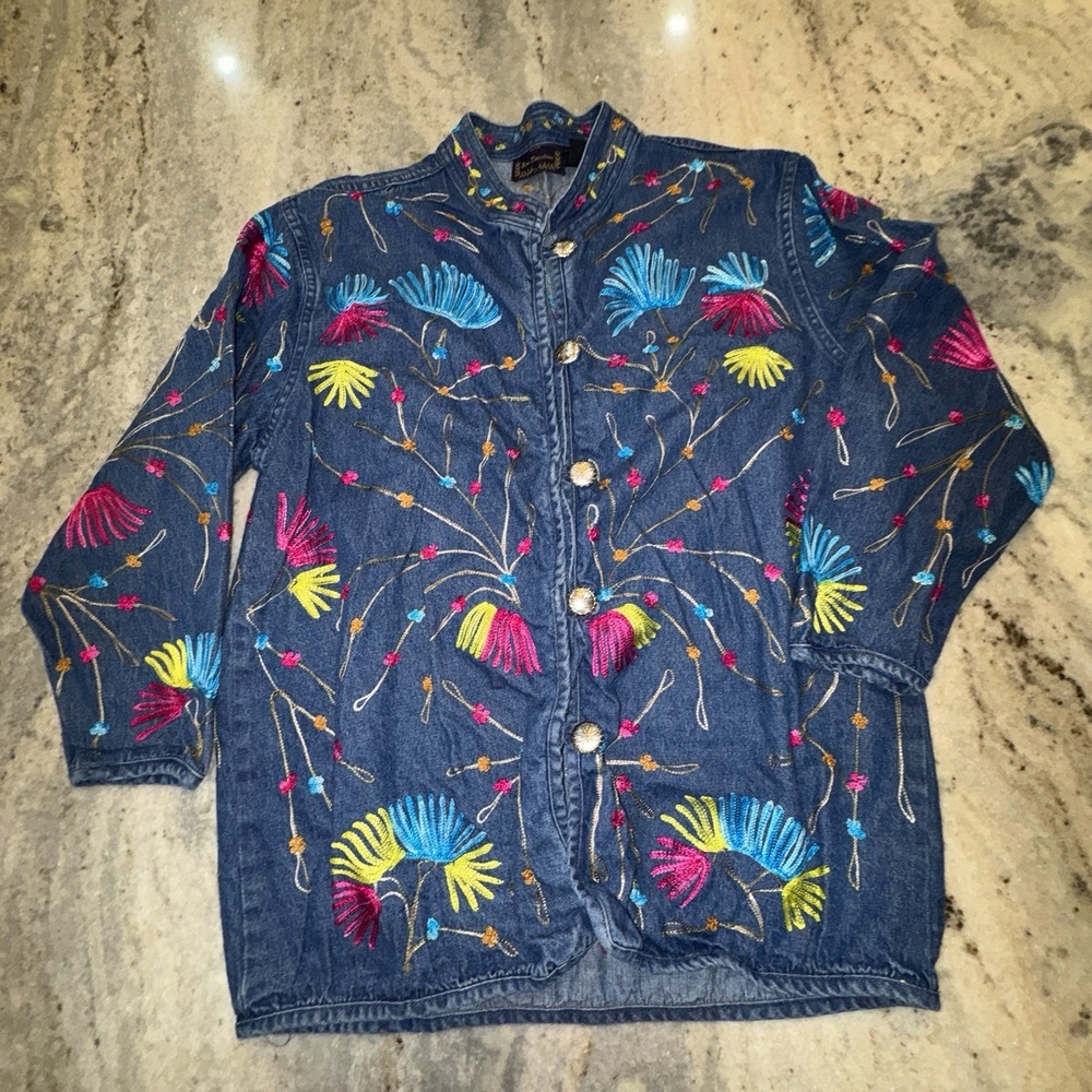 VTG New Direction Embroidered Colorful Denim Jean Top Blazer Button‎ Down Sz 2XL